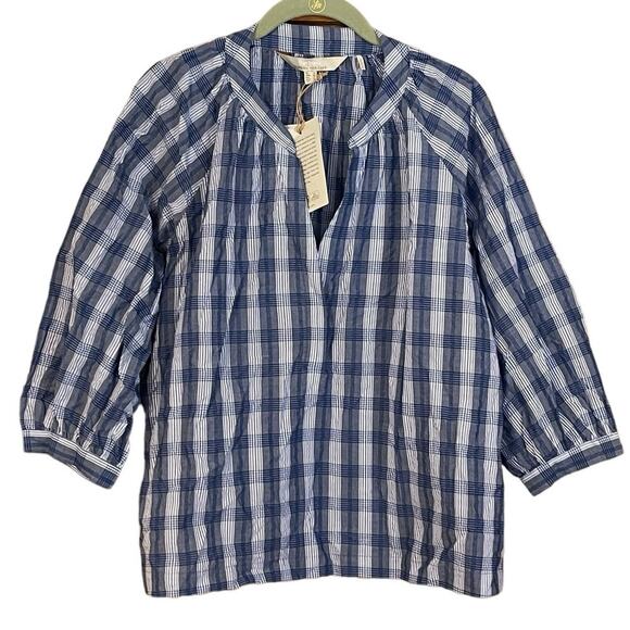 Barbour Renfew Cotton V-neck Top Bluebell Blue and White Check Size 12 NWT - Picture 1 of 6